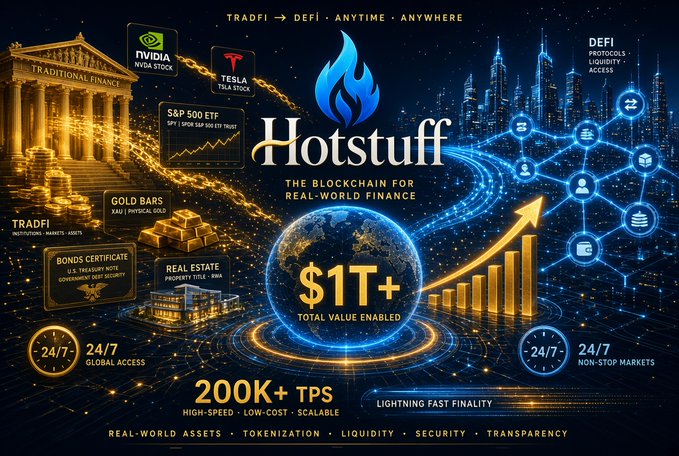 A promotional graphic for "Hotstuff" - "THE BLOCKCHAIN FOR REAL-WORLD FINANCE" - showcases "$1T+ TOTAL VALUE ENABLED," "200K+ TPS," with icons for NVIDIA, Tesla, S&P 500 ETF, Gold Bars, Bonds Certificate, and Real Estate, alongside images of traditional and digital financial buildings.