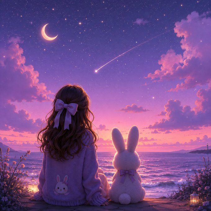 A dreamy illustration of a girl with long brown hair tied with a purple bow, wearing a sweater with a bunny design, sitting next to a white stuffed bunny, looking out at a purple and pink ocean under a starry night sky with a crescent moon and shooting star.