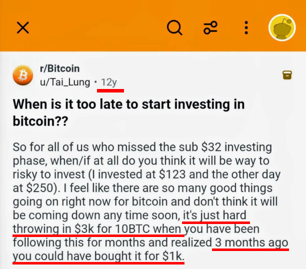 A 12-year-old Reddit post from r/Bitcoin by u/Tai_Lung titled "When is it too late to start investing in bitcoin??" discussing investing at $123 and $250 prices.