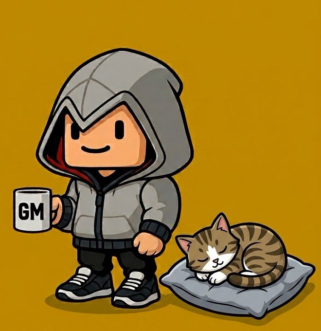 A cartoon illustration of a chibi character in a gray hoodie holding a 'GM' mug, standing next to a sleeping tabby cat on a cushion against a mustard yellow background.