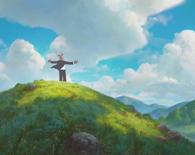 A scenic digital illustration of a man in a suit standing with arms outstretched on a grassy hilltop under a vast blue sky filled with fluffy white clouds, in a Studio Ghibli-inspired art style.