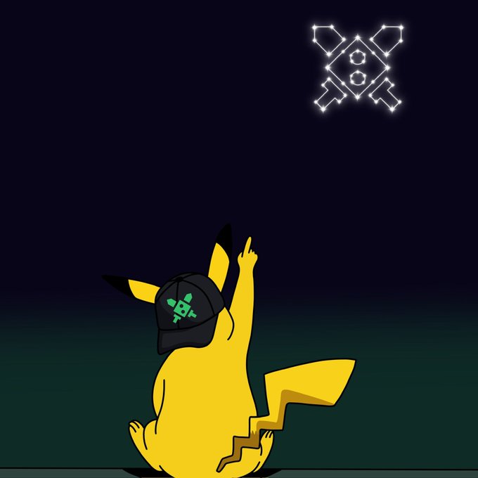 A yellow Pikachu-like character wearing a black cap with a green skull emblem points upward at a glowing white crossed-symbol logo, relating to the post’s Day 16 giveaway for “@Duelbits 2.0.”