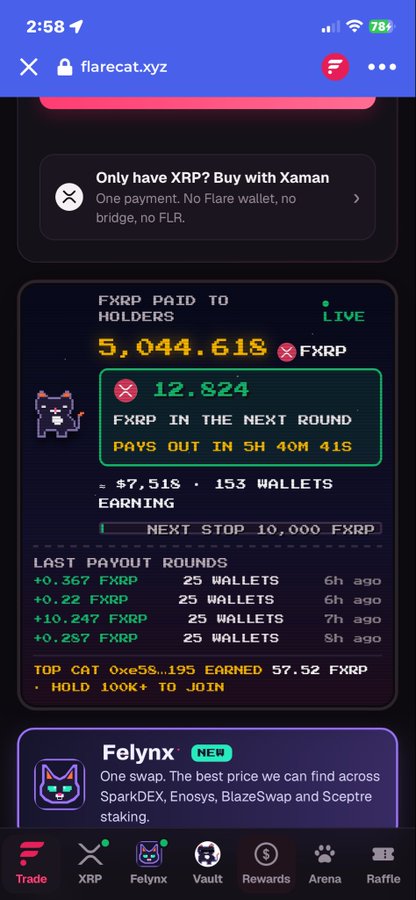 A screenshot of the flarecat.xyz crypto website displaying an XRPL Flare reward distribution with 'FXRP PAID TO HOLDERS' showing 5,044.618 FXRP and a count of 153 wallets.