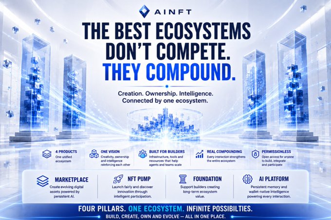 Marketing infographic for AINFT titled 'THE BEST ECOSYSTEMS DON'T COMPETE. THEY COMPOUND,' highlighting four pillars: Marketplace, NFT Pump, Foundation, and AI Platform.
