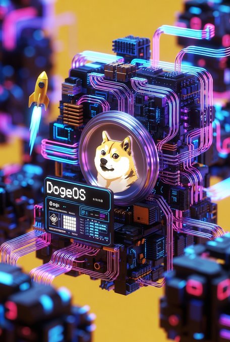 A vibrant 3D digital artwork featuring a Shiba Inu dog (Doge) inside a circular display labeled 'DogeOS', surrounded by colorful circuit boards and a small rocket ship.