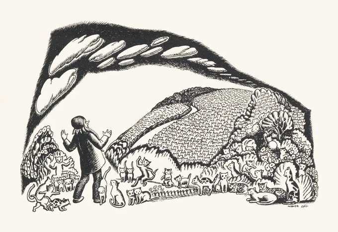 A black-and-white illustration showing a figure standing before an arch of clouds, with numerous cats gathered below in a landscape setting.