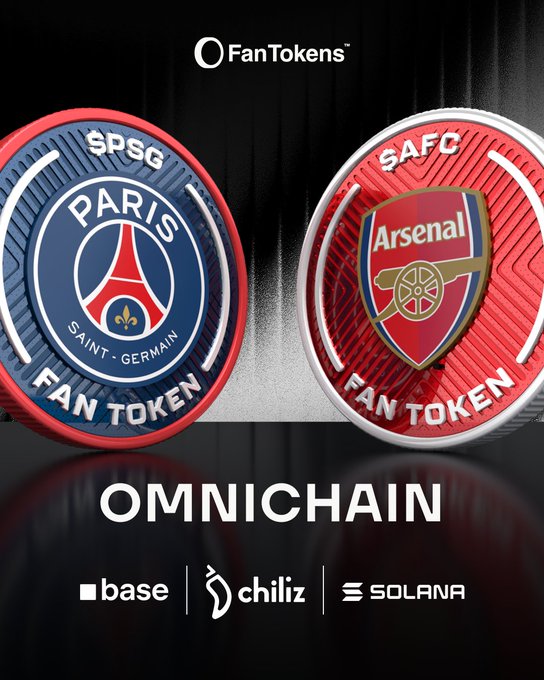 The image features two circular logos side by side with text that reads "OMNICHAIN" above them, followed by a list of sponsors including "PSG", "AFC", "base", and "Chiliz". The text also mentions that the European Final is officially omnichain.