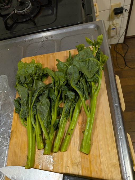 Fresh green leafy vegetables with thick stems arranged on a wooden cutting board next to a kitchen sink.