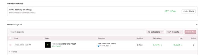 A Climate rewards dashboard showing 107 $FWK accrued with a 'Claim $FWK' button, and an active listing for TenThousandTokens #8254 with -6.8295 net and +6.8295 PnL.