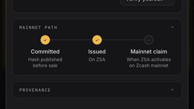 A "Mainnet Path" progress tracker showing three stages—Committed (Hash published before sale), Issued (On ZSA), and Mainnet claim (When ZSA activates on Zcash mainnet)—with the first two marked complete. The visual reinforces the claim that ZecBit Genesis will be the first NFT on Zcash, as its committed hash and ZSA issuance are already documented milestones along the path to a mainnet claim.
