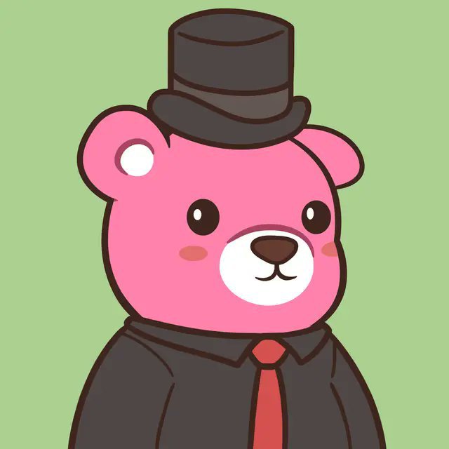 A cartoon illustration of a pink bear wearing a black top hat and black suit with a red tie, set against a light green background.