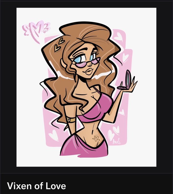 A cartoon-style illustration of a brunette woman in a pink outfit holding a compact mirror, surrounded by floating hearts, with "Vixen of Love" written at the bottom—fitting the post's reference to a gifted MetaVixensNFT collectible.
