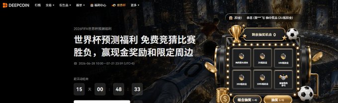 A screenshot of the Deepcoin cryptocurrency exchange website advertising a '2026 FIFA World Cup Prediction' event (世界杯预测福利) with a free guessing competition offering gold coin rewards and limited merchandise, with a countdown timer showing 15 days.