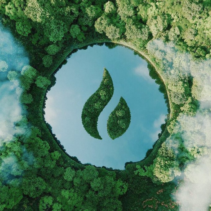 An aerial view of a lush green forest with a circular clearing in the center containing a water body, featuring a stylized flame or leaf shape made of vegetation in the middle.