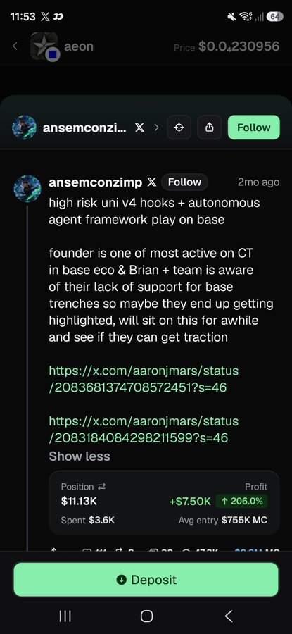 A mobile app screenshot showing a crypto token page for 'aeon' at price $0.04230956, featuring a post by ansemconzimp about 'high risk uni v4 hooks + autonomous agent framework play on base' with a position showing +$7.50K profit.