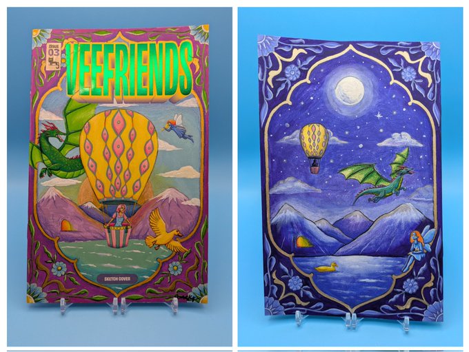 The image features two book covers for "VeeFriends". The first book has a purple background with a cartoon illustration of a dragon, while the second book has a blue background with a cartoon illustration of a hot air balloon. Both books are about friendship and include illustrations of fairies and mountains in their artwork. The post suggests that these book covers can be used as inspiration for creating art or even as a guide to design thinking when it comes to sports cards, as the post mentions "Great write up and perspective".