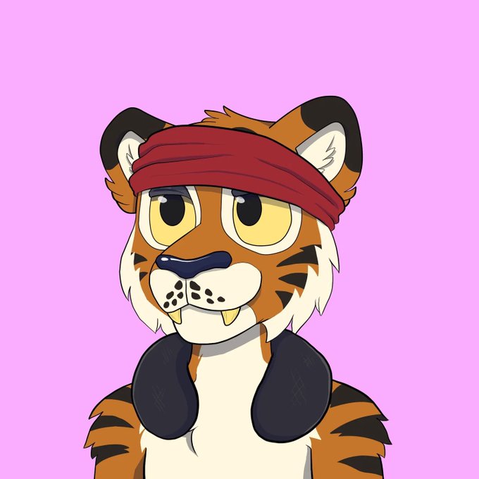 The image features a cartoon tiger character with a red headband against a pink background, likely serving as a visual mascot or PFP for the Wild Tigers NFT collection referenced in the post, which encourages holding onto the NFT despite the current decline ("fading") and expresses optimism that the project's time to shine will come.