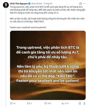 A Vietnamese Twitter post by 'Vinh The Nguyen' discusses BTC and ALT market trends, advising to 'Fasten your seatbelt and be patient!' in both languages.