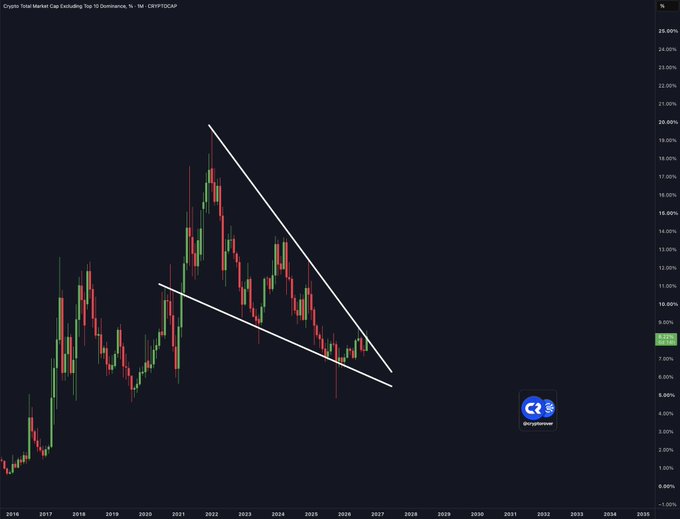 A dark-themed candlestick chart titled "Crypto Total Market Cap Excluding Top 10 Dominance, % - 1M" shows a descending wedge pattern outlined in white, with the y-axis ranging from -2.00% to 25.00% and dates spanning 2016 to 2035; a CryptoZealot logo appears in the lower right.