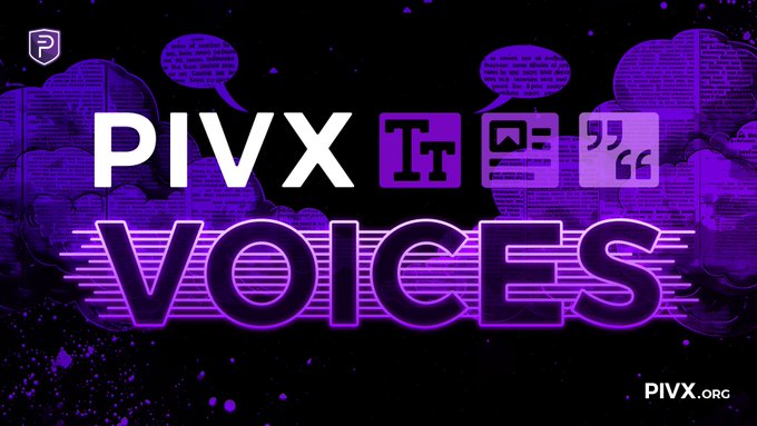 A purple-themed banner for 'PIVX VOICES' with speech bubble icons and the website 'PIVX.ORG' displayed.