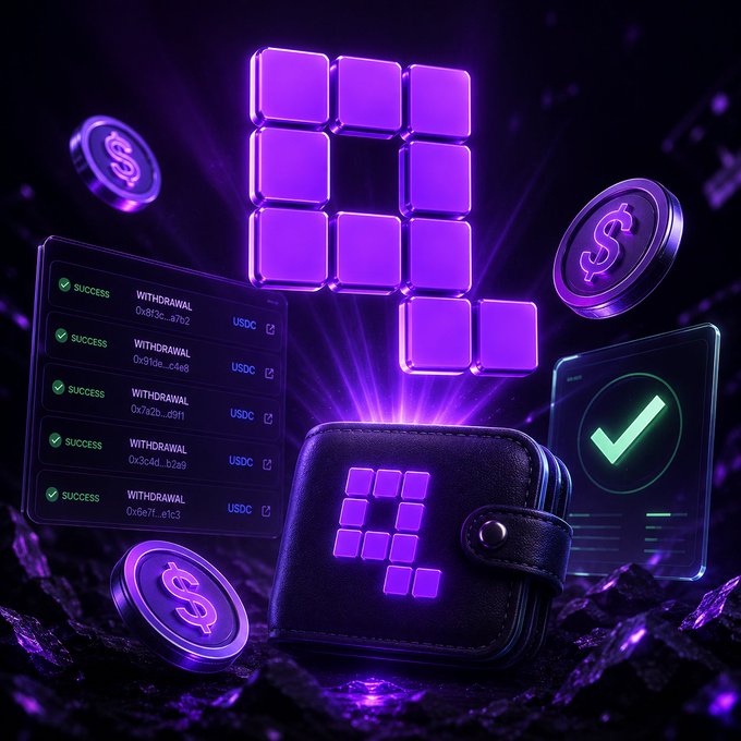 A purple-themed crypto promotional graphic showing a wallet with a block logo, surrounded by USDC coin imagery, a withdrawal list showing multiple successful USDC transactions, and a green checkmark verification screen.