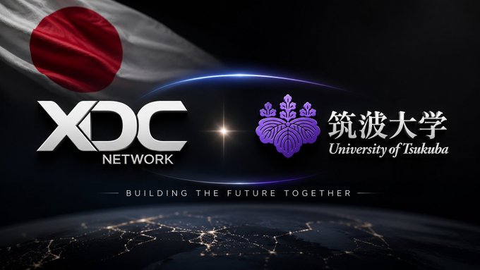 A promotional banner featuring the XDC Network logo, the University of Tsukuba emblem with its name in both Japanese (筑波大学) and English, and the tagline "Building the Future Together," all set against a space-themed backdrop with the Japanese flag—visually representing the newly announced blockchain-academia partnership to research smart contracts and token design.