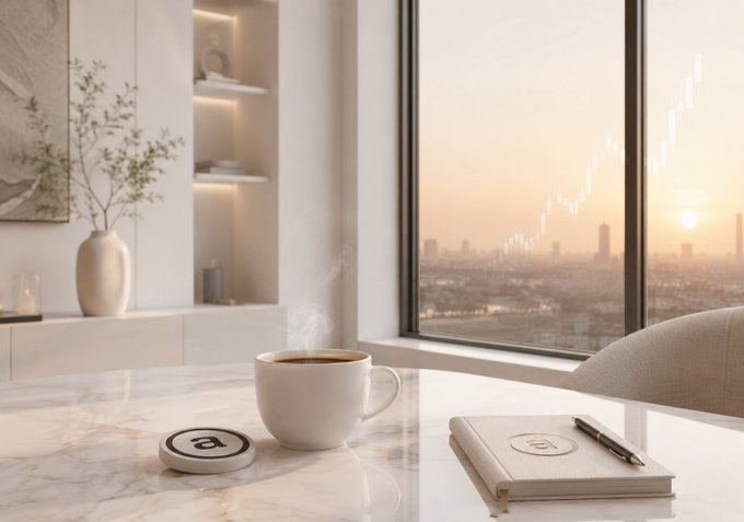 A serene modern interior with a marble table holding a steaming coffee cup, notebook with an "a" logo, and a small device, set against floor-to-ceiling windows with a city skyline and a stock chart graphic overlay at sunset.