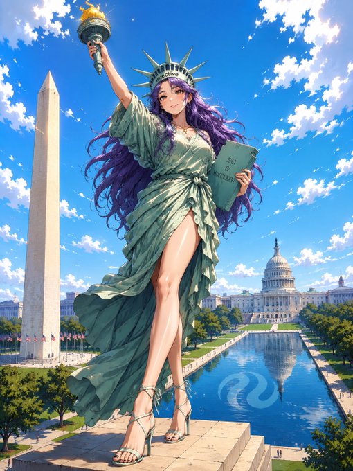 Anime-style illustration of a purple-haired woman styled as the Statue of Liberty holding a torch and tablet, standing in front of the Washington Monument and US Capitol building.