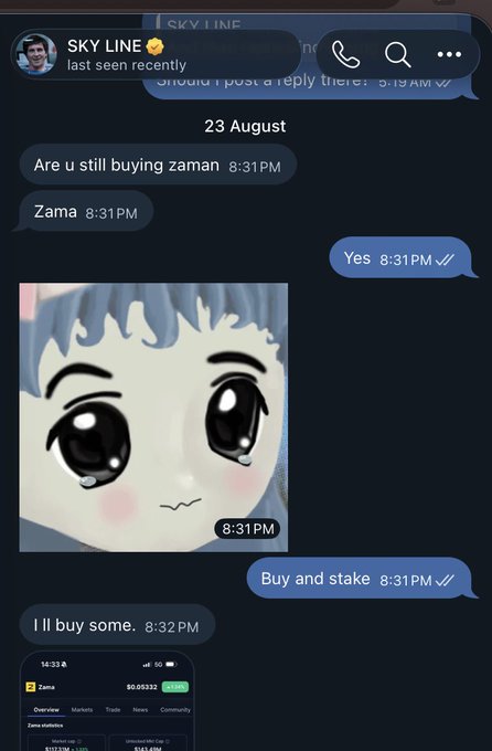 A chat conversation with SKY LINE discussing buying 'Zama', with messages like 'Are u still buying zaman', 'Zama', 'Buy and stake', and 'I'll buy some', accompanied by a cute anime-style sticker and a screenshot of Zama's coin stats showing $0.05332.