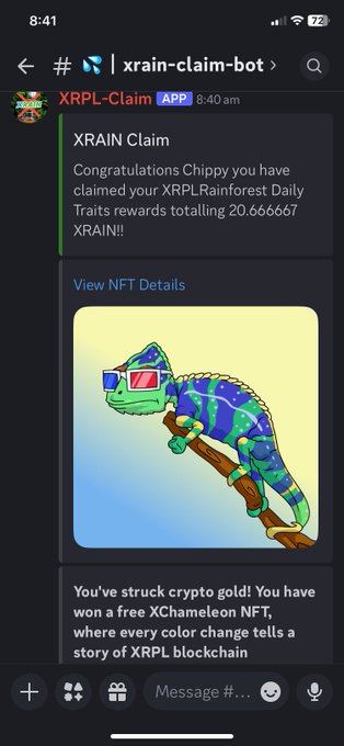 The image shows a message from an XRPL claim bot that congratulates the user for winning a free cryptocurrency, specifically XRPL Rainforest. The bot also mentions that there are more bonus rewards available if the user checks out the @XRPLRainforest account on social media platforms like Twitter and Instagram.