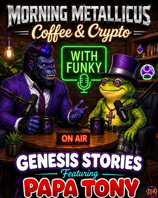 Promotional graphic for the "Morning Metallicus: Coffee & Crypto" podcast with hosts "Funky" (a gorilla in a purple suit) and "Papa Tony" (a frog in a top hat) seated at a table with "On Air" and "Genesis Stories Featuring Papa Tony" displayed, advertising an upcoming episode where Papa Tony will share his blockchain origin story.