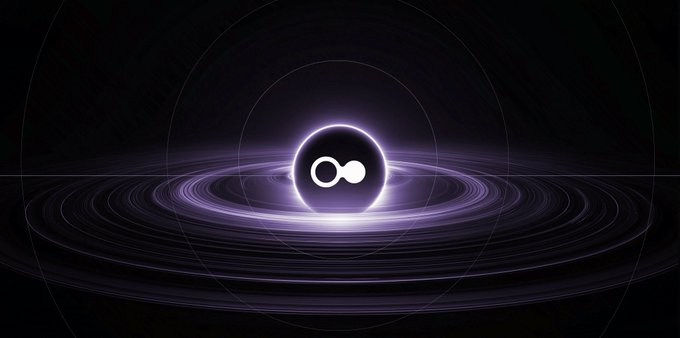A dark, cosmic-themed image featuring a glowing purple infinity symbol (∞) surrounded by concentric orbital rings, resembling a stylized black hole or space-themed logo.