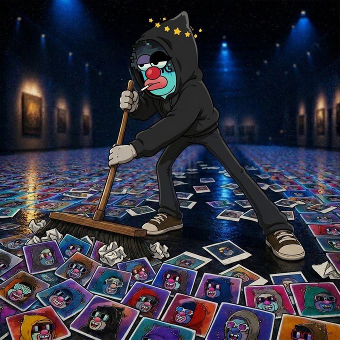 An illustrated image of a Grim Reaper-like figure with a clown face sweeping together a floor scattered with colorful NFT profile pictures (PFPs), suggesting the clearing away of worthless NFT assets.
