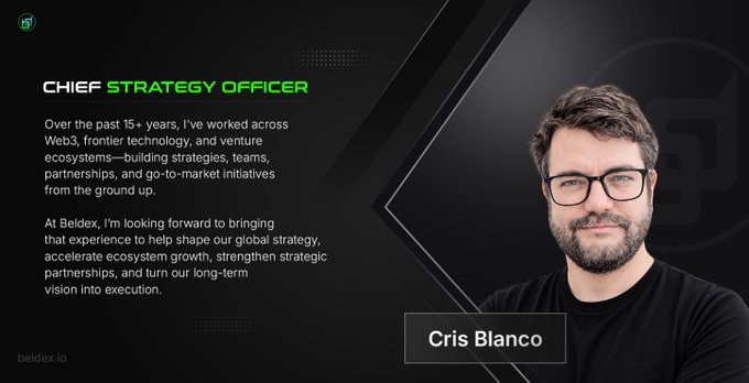 A professional announcement graphic for Cris Blanco's appointment as Chief Strategy Officer at Beldex, featuring his photo and a bio about his 15+ years of experience in Web3.