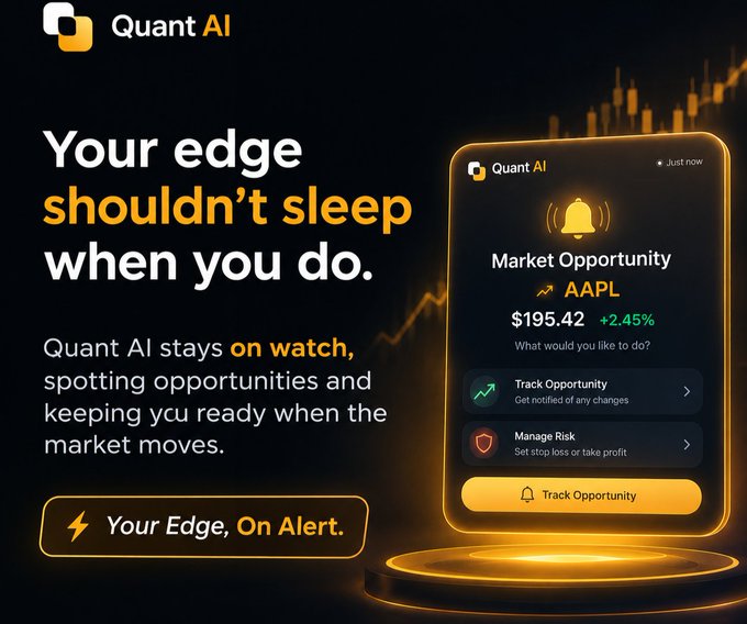 An advertisement for Quant AI featuring the tagline 'Your edge shouldn't sleep when you do,' showing a mobile app notification for a market opportunity on AAPL at $195.42 (+2.45%), with options to track or manage risk.