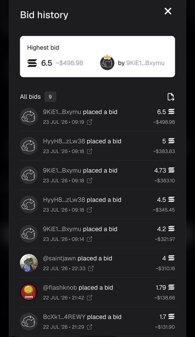 Mobile screenshot of a 'Bid history' interface showing the highest bid of 6.5 (~$498.98) by user 9KlE1..Bxymu, with a list of 9 total bids from various users dated July 22-23, 2026.
