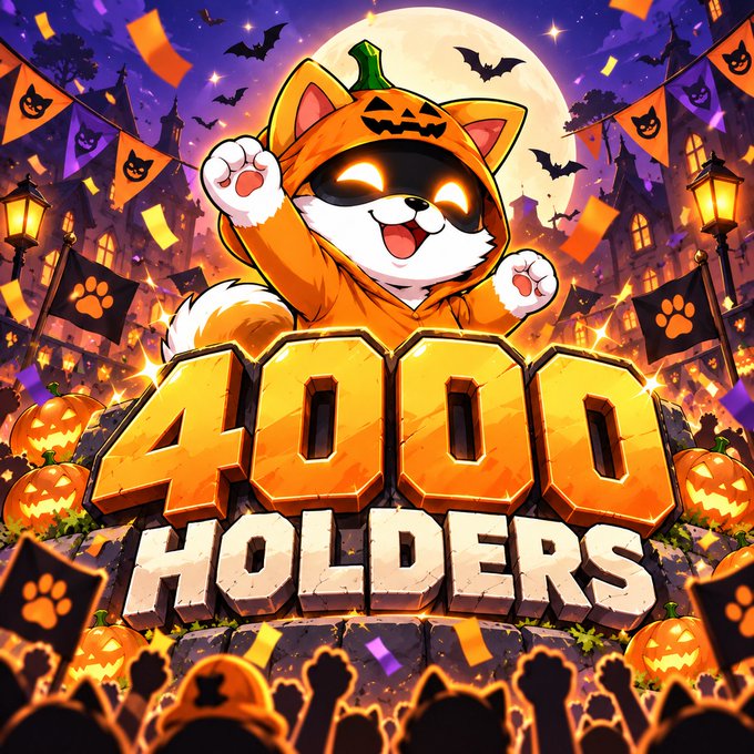 A cartoon dog in a pumpkin Halloween costume with glowing eyes, above stylized text reading '4000 HOLDERS' surrounded by jack-o'-lanterns, banners, and a full moon.