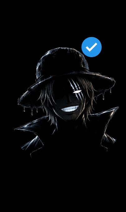 A dark, stylized digital drawing of a menacing figure with a wide grin wearing a dripping wide-brimmed hat, with a blue checkmark icon in the upper right corner.