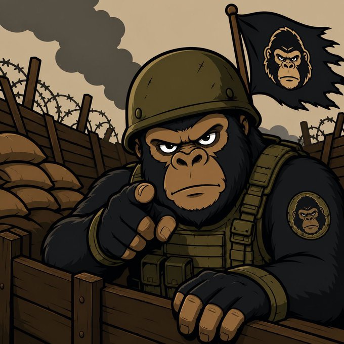A cartoon illustration of a gorilla soldier in military gear pointing at the viewer, with a flag displaying a gorilla logo behind him in a battlefield setting.