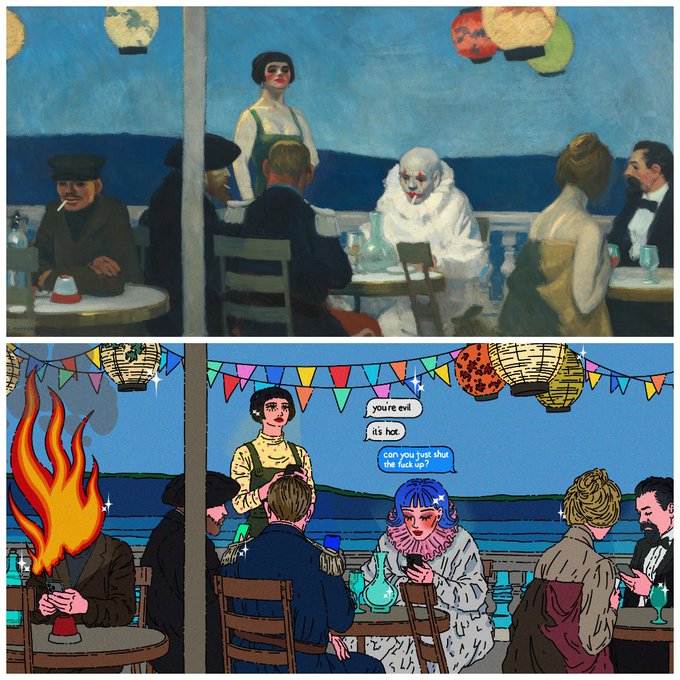 Two-panel comparison: the top is Edward Hopper's famous painting "Soir Bleu" showing a clown at a café terrace at night; the bottom is a vibrant comic-style remix of the same scene with added flames, party bunting, and speech bubbles reading "you're evil", "it's hot", "can you just shut the fuck up?"