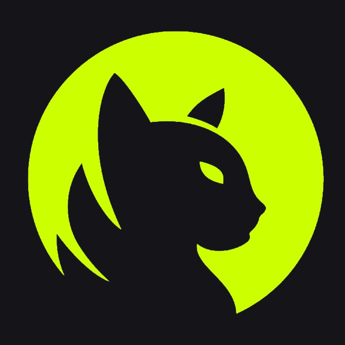 A logo featuring a black silhouette of a cat-like figure with pointed ears against a bright neon green circle on a dark gray background.