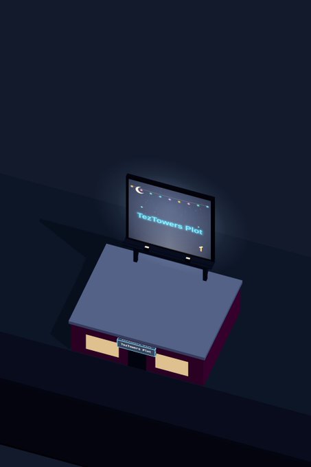 A stylized 3D illustration of a building with a billboard on top displaying 'TexTowers Plot' against a night sky background.