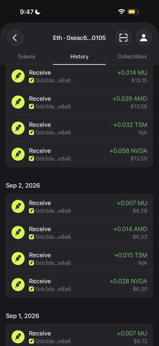 A cryptocurrency wallet history screen on a mobile device showing multiple 'Receive' transactions of small token amounts (MU, AMD, TSM, NVDA) to an Ethereum wallet address in September 2026.