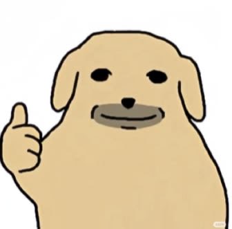 A simple cartoon drawing of a light brown dog giving a thumbs-up gesture with a slight smile.