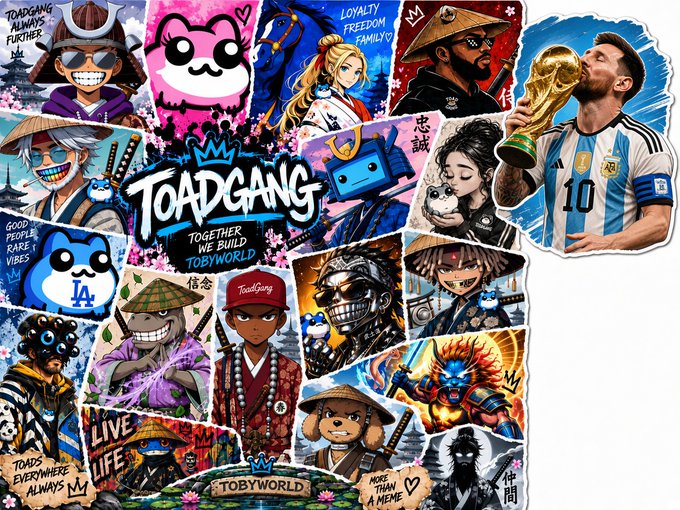 A collage of various stylized digital art stickers featuring characters, samurai, robots, and soccer player Lionel Messi holding the World Cup, centered around the text 'TOADGANG TOGETHER WE BUILD TOBYWORLD'.