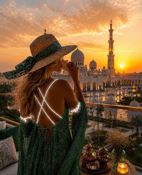 The image features a woman wearing a straw hat, standing near a table with two cups of coffee placed on it. The setting appears to be an outdoor patio or balcony overlooking a cityscape at sunset. In the background, there are several buildings visible, including one that resembles a mosque. The scene is illuminated by warm light from the setting sun and artificial lights in the area.