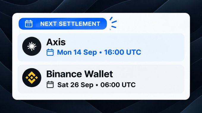 A 'Next Settlement' notification card displaying upcoming settlement dates for Axis (Mon 14 Sep 16:00 UTC) and Binance Wallet (Sat 26 Sep 06:00 UTC).