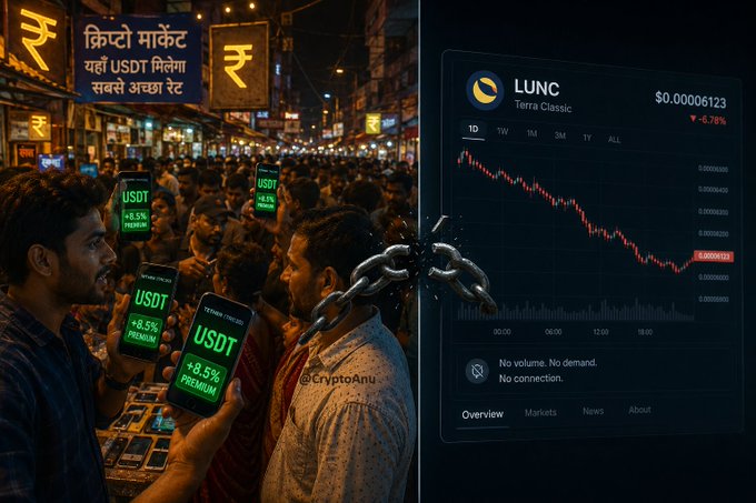 A split image shows people on the left holding phones displaying 'USDT +8.5% PREMIUM' offers at a 'क्रिप्टो मार्केट यहां USDT मिलेगा' street market, while the right side shows a LUNC (Terra Classic) price chart at $0.00006123 down 0.76% with 'No volume. No demand. No connection.'