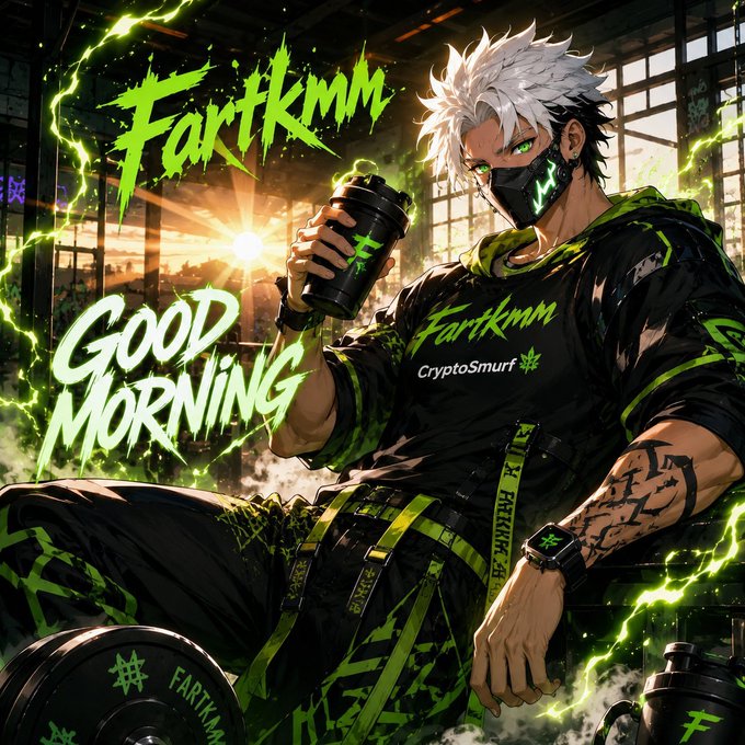 An anime-style illustration of a white-haired character wearing a mask and black athletic gear with green accents, drinking from a shaker bottle. The image features stylized text 'Fartkmm' and 'GOOD MORNING', along with 'CryptoSmurf' branding.