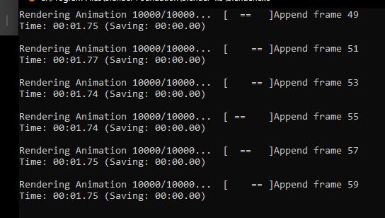 A terminal window displaying animation rendering progress, logging the appending of frames 49 through 59 at roughly 1.75 seconds each.